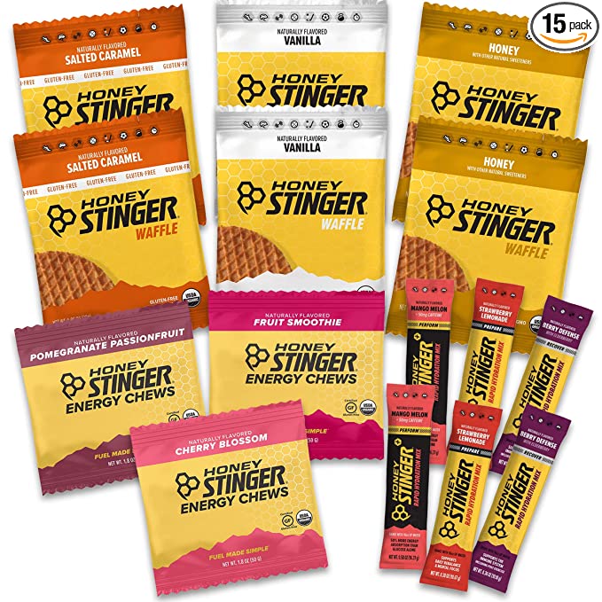  Honey Stinger Training Kit - 15 Count - Variety Pack with Sticker - Energy Source for Any Activity - Waffles - 810815026399
