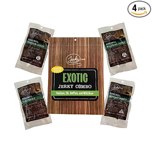  Jerky.com's Classic Exotic Jerky Sampler Pack - Bulk Pack with 4 Types of Jerky (Venison, Buffalo, Wild Boar and Elk) - High Protein Snack, All-Natural, Keto Diet, No Added Preservatives, 4oz Total  - 811007028566