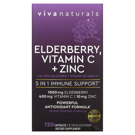 Elderberry Vitamin C + Zinc 5 in 1 Immune Support 120 Capsules Viva Naturals - 811067031780