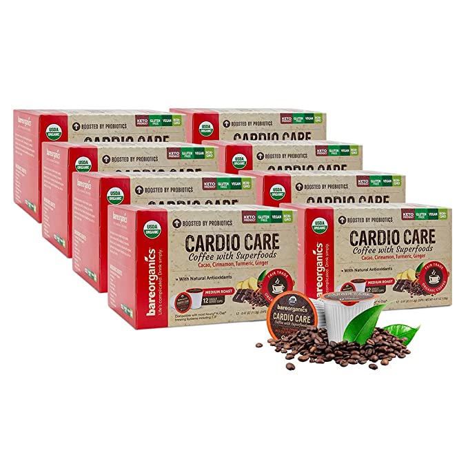  Bare Organics 15947 Cardio Care USDA Organic Coffee Pods, Keurig K-Cup Compatible Organic Coffee Pods, Infused with Superfoods & Probiotics, Vegan Friendly, Gluten Free, Bulk Pack of 8/80ct  - 811079035332