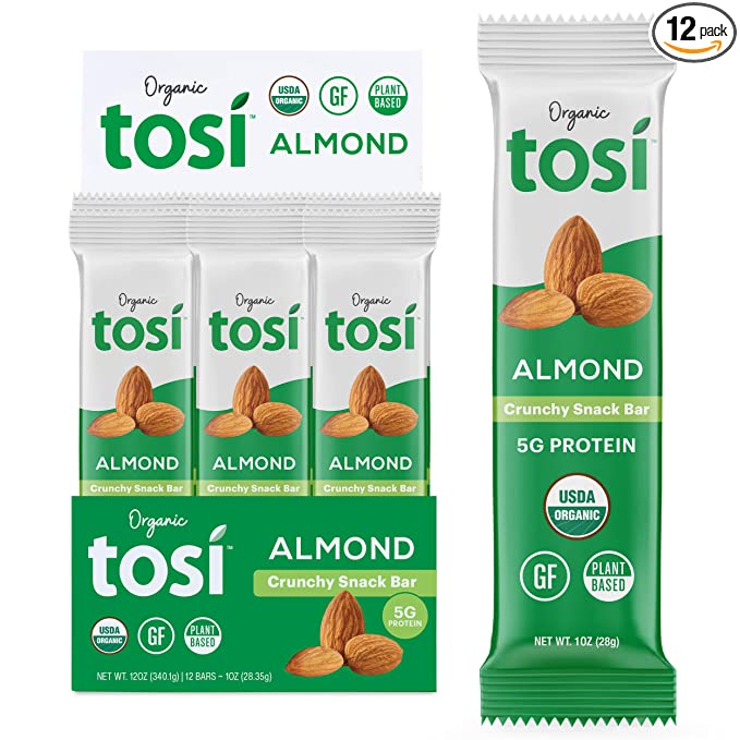  Tosi Plant-Based Protein Bars, SuperBites Nut Bars (12 Pack), Almond, Vegan Snacks, Crunchy Snack Bar, Gluten Free, Soy Free, Non-GMO, Fiber, Flax & Chia Seeds (1oz each)  - 811452030091