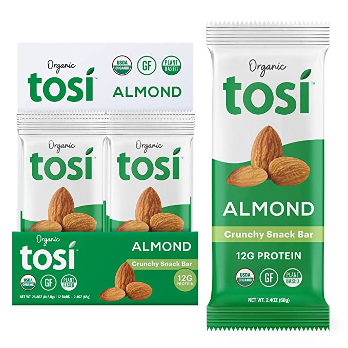 Tosi Organic SuperBites Vegan Snacks, 2.4oz (Pack of 12), Gluten Free, Omega 3s, Plant Protein Bars with Flax and Chia Seeds (Almond) - 811452030626