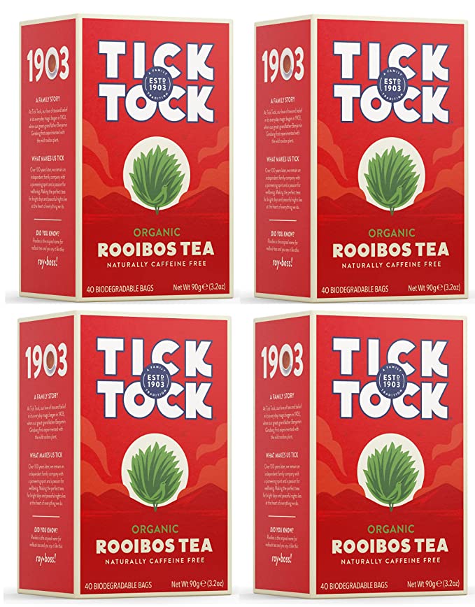  TICK TOCK TEAS Organic Rooibos Tea, Original, Naturally Caffeine Free Red Bush Herbal Tea, Rich in Anti-Oxidants, South African, Superfood, 40 Count, Pack of 4  - 811650000414