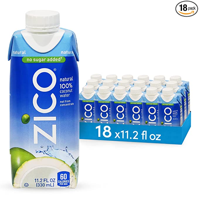  ZICO 100% Coconut Water Drink - 18 Pack, Natural Flavored - No Sugar Added, Gluten-Free - 330ml / 11.2 Fl Oz - Supports Hydration with Five Naturally Occurring Electrolytes - Not from Concentrate  - 812186022994