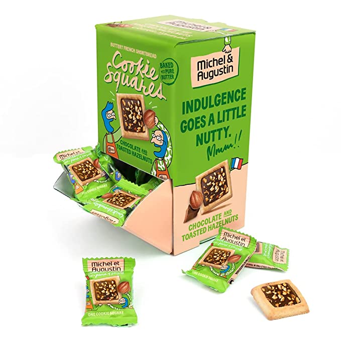  Individually Wrapped Chocolate and Toasted Hazelnuts Shortbread Cookies | French European Butter Gourmet Cookies | Gravity Box - Michel et Augustin Cookie Squares Changemaker Box | 40 count Kosher  - 812668021651