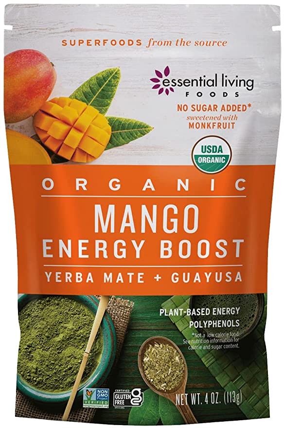  Essential Living Foods - Organic Mango Low Carb Smoothie Booster- Plant Based Energy From Yerba Mate and Guayasa - Non-GMO - 2g Net Carbs - Non Dairy - Gluten Free - No Sugar Added - 4oz Bag  - 812986013666