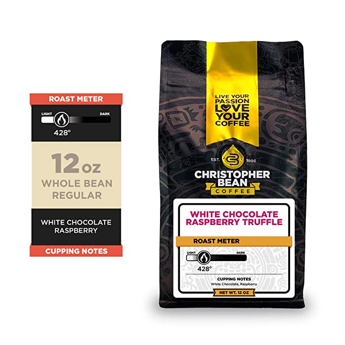 Christopher Bean Coffee - White Chocolate Raspberry Flavored Coffee, (Regular Whole Bean) 100% Arabica, No Sugar, No Fats, Made with Non-GMO Flavorings, 12-Ounce Bag of Regular Whole Bean coffee - 812988006895