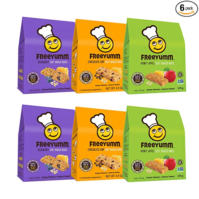  FreeYumm Soft Baked Bars Variety Pack - Chocolate Chip, Honey Apple, & Blueberry - Plant Based with Real Fruit - Allergen Free - Gluten Free - Safe for School - 30 Individually Wrapped 4.8 Ounce Bars  - 816695000627