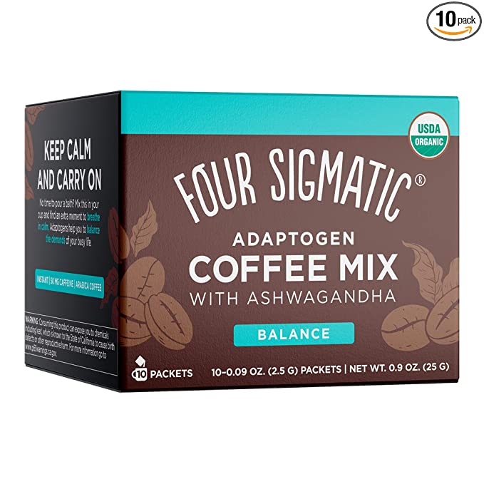  Four Sigmatic Adaptogen Organic Medium Roast Instant Coffee with Ashwagandha, Chaga & Tulsi, Immune Support & Stress Relief, Keto, Multicolored, 0.09 Oz, Pack of 10 - 816897020614