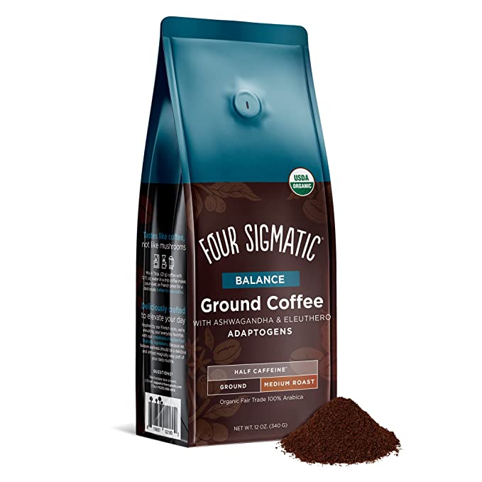  Four Sigmatic Adaptogen Ground Coffee - Medium Roast USDA Organic and Fair Trade Coffee with Ashwagandha and Tulsi - 12 Oz  - 816897021802