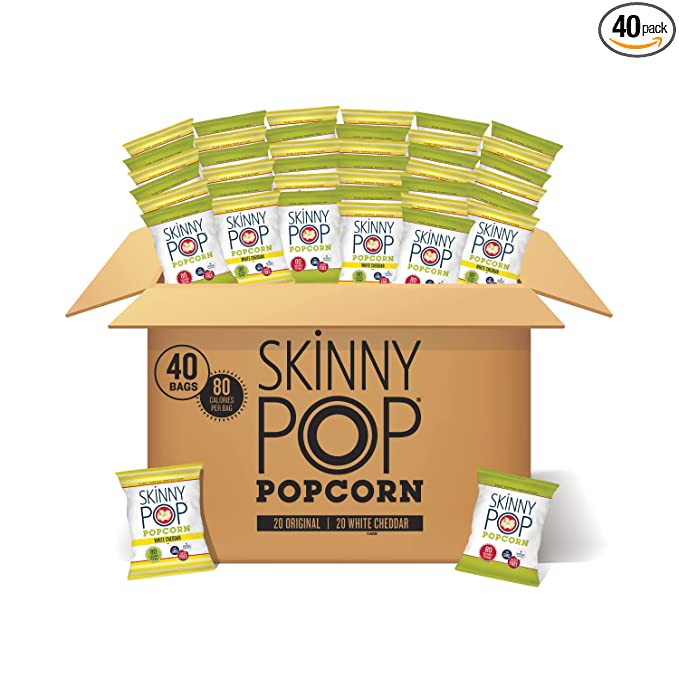  SkinnyPop Popcorn, Gluten Free, Non-GMO, Healthy Snacks, Skinny Pop Variety Pack (Original & Dairy Free White Cheddar Popcorn), 0.5oz Individual Size Snack Bags (40 Count) - 816925021491