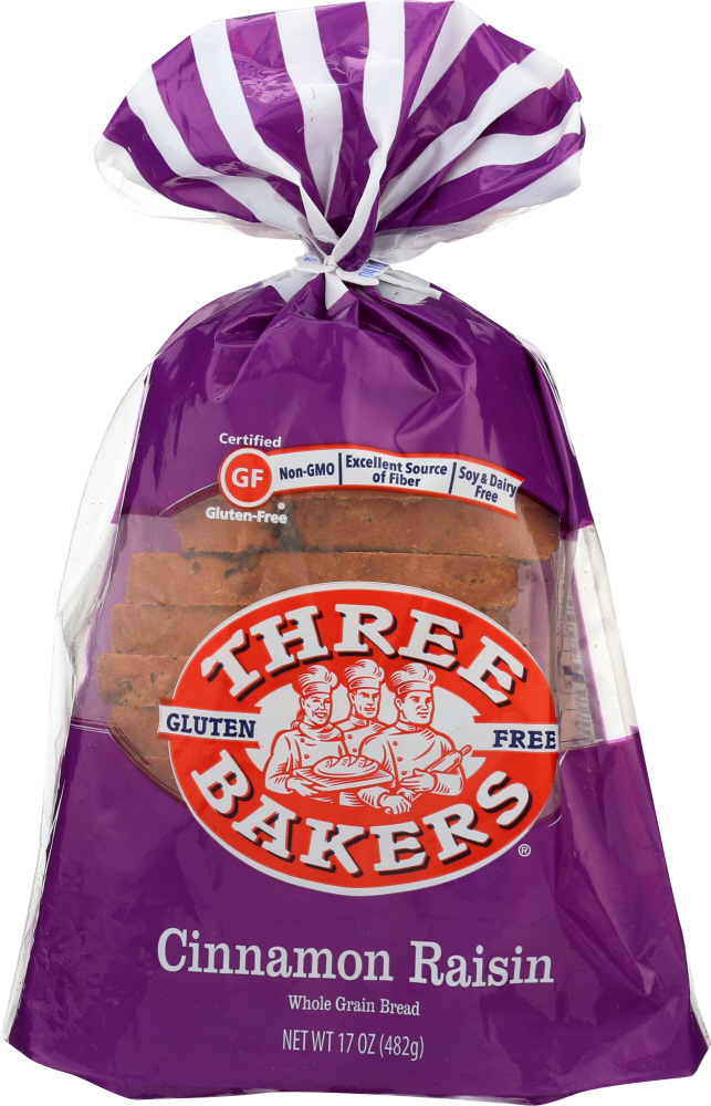 THREE BAKERS: Bread Gluten Free Cinnamon Raising, 17 oz - 0817350010043