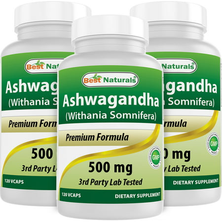 3 Pack Best Naturals Ashwagandha 500 mg 120 Vegetarian Capsules | Relaxing Stress and Mood | (Total 360 Capsules) - 817716017495