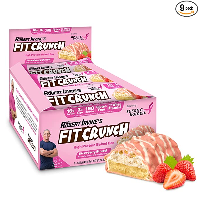 FITCRUNCH Snack Size Protein Bars, Designed by Robert Irvine, World’s Only 6-Layer Baked Bar, Just 3g of Sugar & Soft Cake Core (Strawberry Strudel) - 817719021963