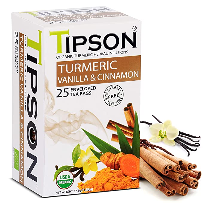  Tipson Organic Turmeric Caffeine Free Herbal Tea - Organic Cinnamon and Vanilla Flavor - 25 Foil Enveloped Double Chambered Bags - Keto/Paleo - Basilur  - 818005021834