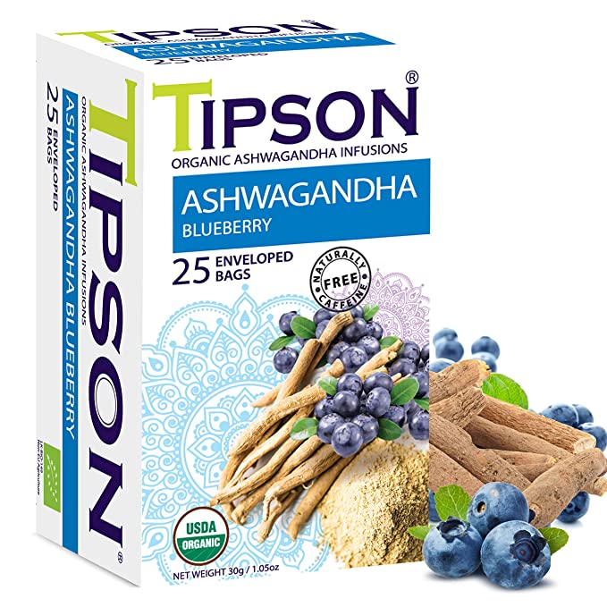  Tipson Organic Ashwagandha Tea Infusions - Blueberry - 25 Premium Tea Bags - Caffeine Free - Non GMO - Gluten free  - 818005023111