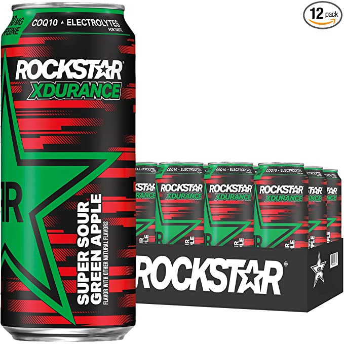 Rockstar Energy Drink Super Green sugar COQ10 and Electrolytes 16 Fl Oz (Pack of 12) Cans Pack Packaging May Vary, Xdurance Sour Apple,  - 818094006767