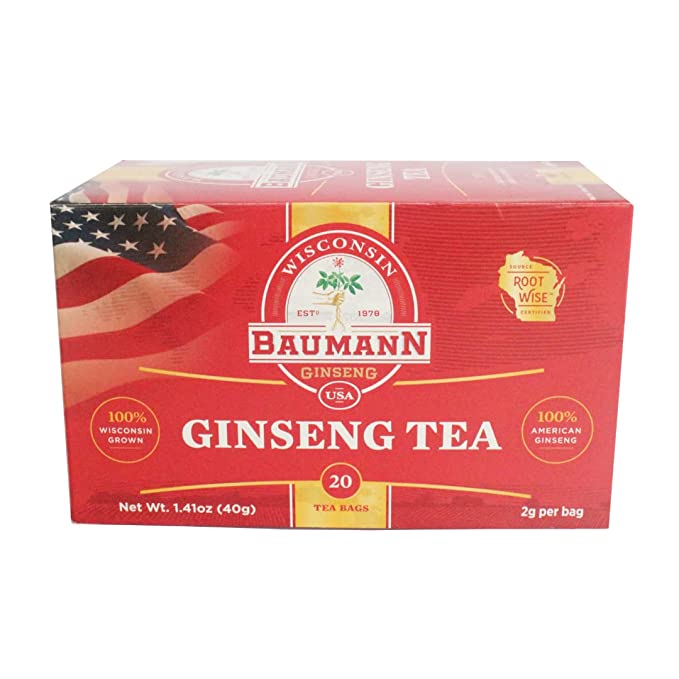  Baumann Premium American Ginseng Tea Bags (20 Tea Bags) - Authentic Panax Wisconsin Grown Panax Ginseng Herbal Tea - Healthy Green Tea with Antioxidant Ginsenosides for Enhanced Focus & Energy  - 818243022372