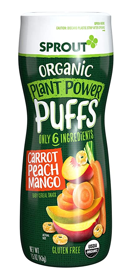  Sprout Organic Baby Food Baby Snacks Plant Power Puffs, Carrot Peach Mango, 1.5 Ounce Canister  - 767563864837