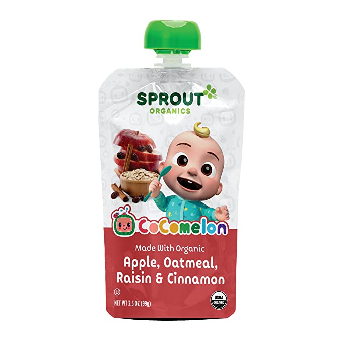  CoComelon Sprout Organic Baby Food Pouches, Apple Oatmeal Raisin with Cinnamon, 3.5 Oz Purees (1 Pouch)  - 818512018389