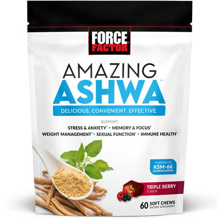 Force Factor Amazing Ashwa Ashwagandha Stress Supplement Triple Berry 60 Chews - 818594017348