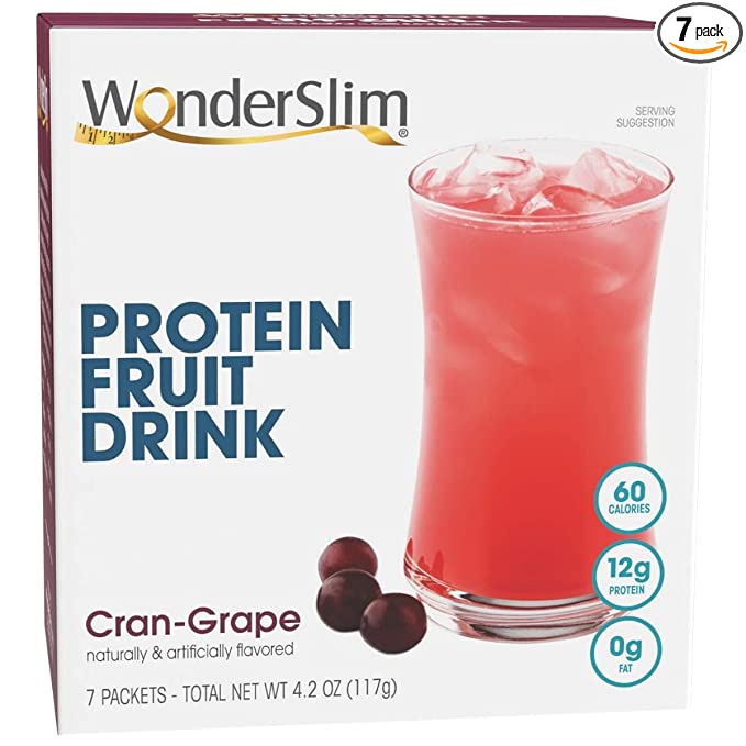 WonderSlim Protein Fruit Drink, Cran-Grape - 1g Net Carbs, 60 Calories, 0g Fat, 12g Protein (7ct) - 818609010388