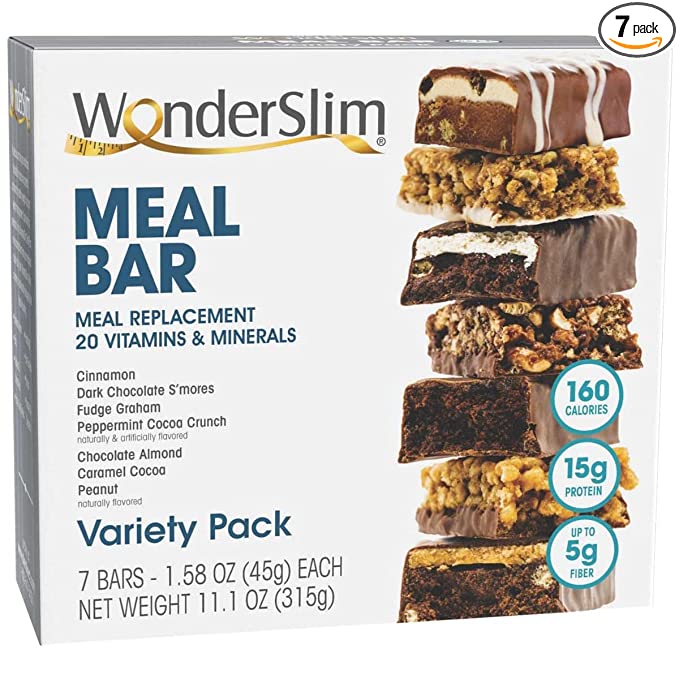 WonderSlim Meal Replacement Protein Bar, Variety Pack - 160 Calories, 15g Protein, 5g Fiber (7ct) - 818609010654