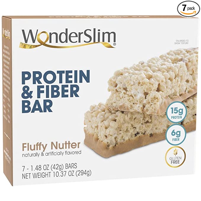 WonderSlim Protein & Fiber Bar, Fluffy Nutter - 15g Protein, 7g Fiber, 5g Sugar, 160 Calories (7ct) - 818609012436