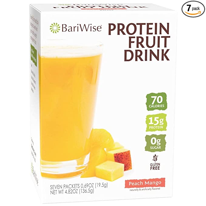  BariWise Protein Fruit Drink, Peach & Mango - 0g Fat, 0g Sugar, 1g Net Carbs, 15g Protein (7ct)  - 818609014119