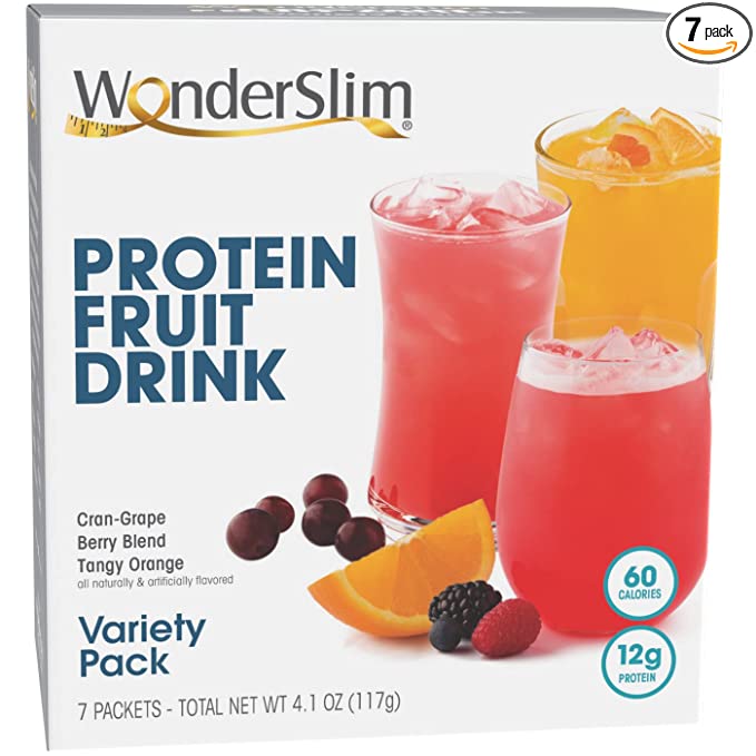  WonderSlim Protein Fruit Drink, Variety Pack - 60-100 Calories, <1.5g Fat, 12-15g Protein (7ct)  - 818609018728