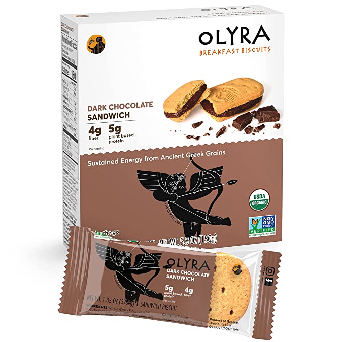 OLYRA Organic Breakfast Sandwiches Biscuits Dark Chocolate Creme | Low-Sugar High Fiber Protein Vegan - Healthy Snacks Individually Wrapped Cookies (1 Box of 4 Packs, 1 Sandwich per Pack) - 819019020233