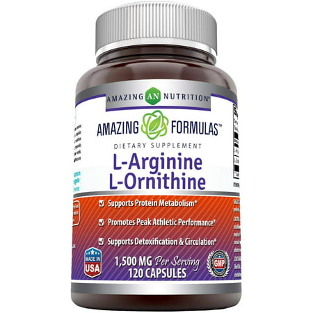 Amazing Formulas L-Arginine/L-Ornithine 1500 Mg Per Serving, 120 Capsules-Supports Protein Matabolism, Promotes Peak Athletic Performance, Supports Detoxification & Circulation - 819209026120