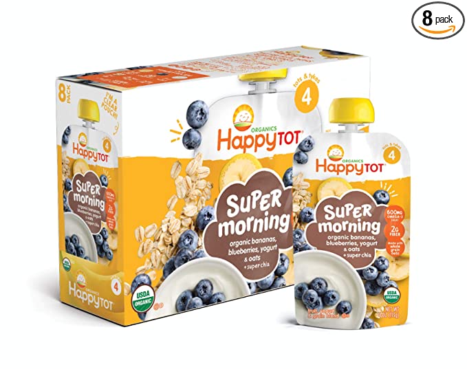  Happy Tot Organics Stage 4 Super Morning Organics Bananas Blueberries Yogurt & Oats + Super Chia, 4 Ounce Pouch (Pack of 8) packaging may vary  - 819573010886