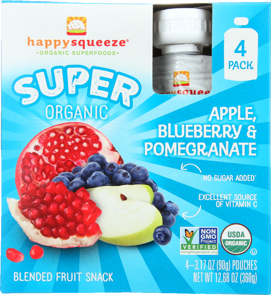 HAPPY KID: Super Apple Blueberries and Pomegranate Organic 4 Packs, 12.68 oz - 0819573012255