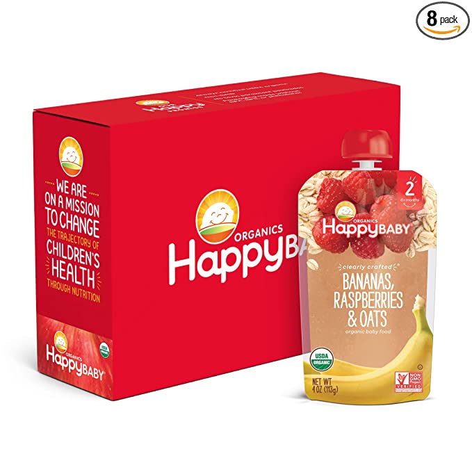  Happy Baby Organics Clearly Crafted Stage 2 Baby Food Bananas Raspberries & Oats, 4 Ounce Pouch Resealable Baby Food Pouches, Fruit & Veggie Puree, Organic Non-GMO Gluten Free Kosher (Pack of 8)  - 819573012545