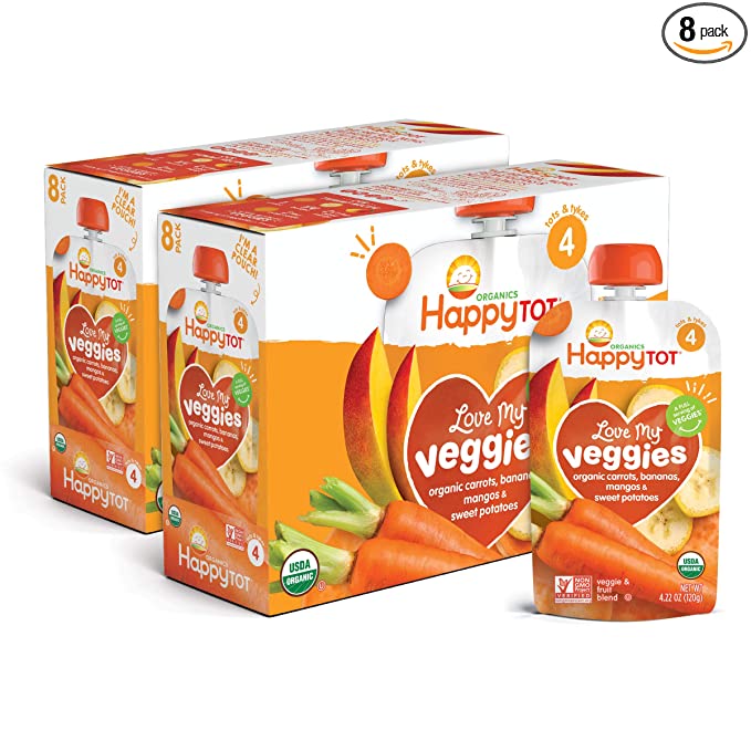  Happy Tot Organics Food Love My Veggies Stage 4, Carrot, Banana, Mango & Sweet Potato, 4.22 Ounce Pouch (Pack of 8)  - 819573012903