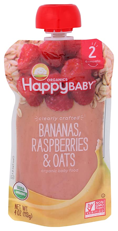  Happy Baby Clearly Crafted Organic Baby Food Stage 2, Bananas Raspberries & Oats, 4 Ounce  - 819573013269