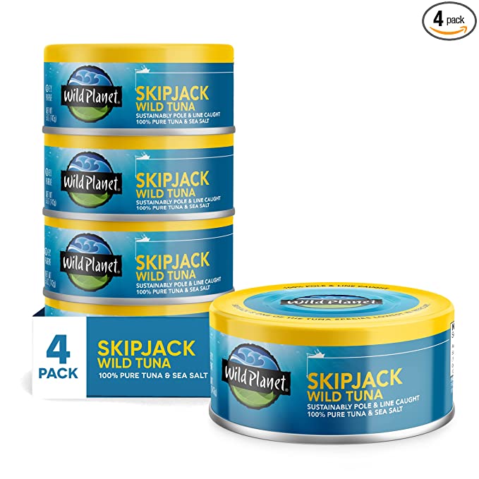  Wild Planet Skipjack Wild Tuna, Sea Salt, Keto and Paleo, 3rd Party Mercury Tested, 5 Ounce (Pack of 4)  - 829696004020