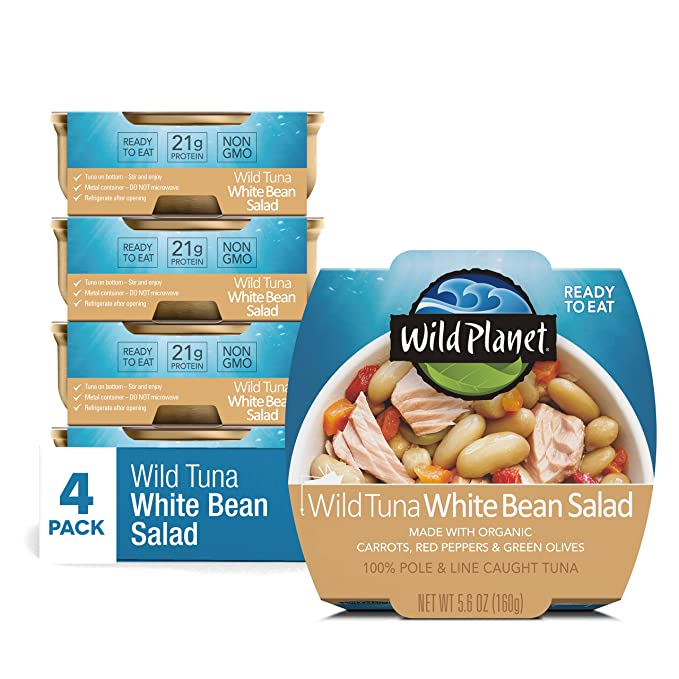 Wild Planet Ready-To-Eat Wild Tuna White Bean Salad With Organic Chickpeas, Carrots, Red Peppers & Green Olives 5.6oz, Pack Of 4 - 829696004143