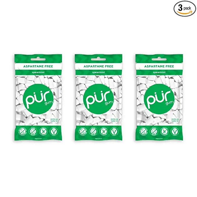  PUR Gum Sugar Free Chewing Gum with Xylitol, Aspartame Free + Gluten Free, Vegan & Keto Friendly - Natural Spearmint Flavored Gum, 55 Pieces (Pack of 3)  - 830028001563