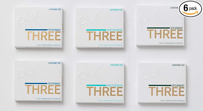  PUR THREE Gum Sugar Free Chewing Gum Sticks with Xylitol, Aspartame Free + Gluten Free + Vegan - Naturally Flavored Gum, Variety Pack, 12 Pieces (Pack of 6)  - 830028009743