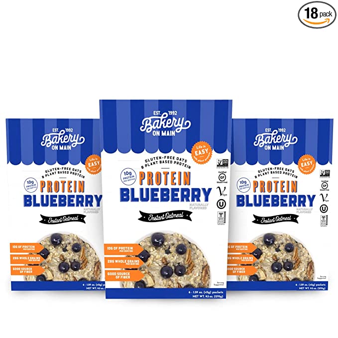  Bakery On Main Blueberry Protein Instant Oatmeal, Gluten-Free and Non-GMO (6 Packets / Carton, 3 Cartons / Pack)  - 835228003249