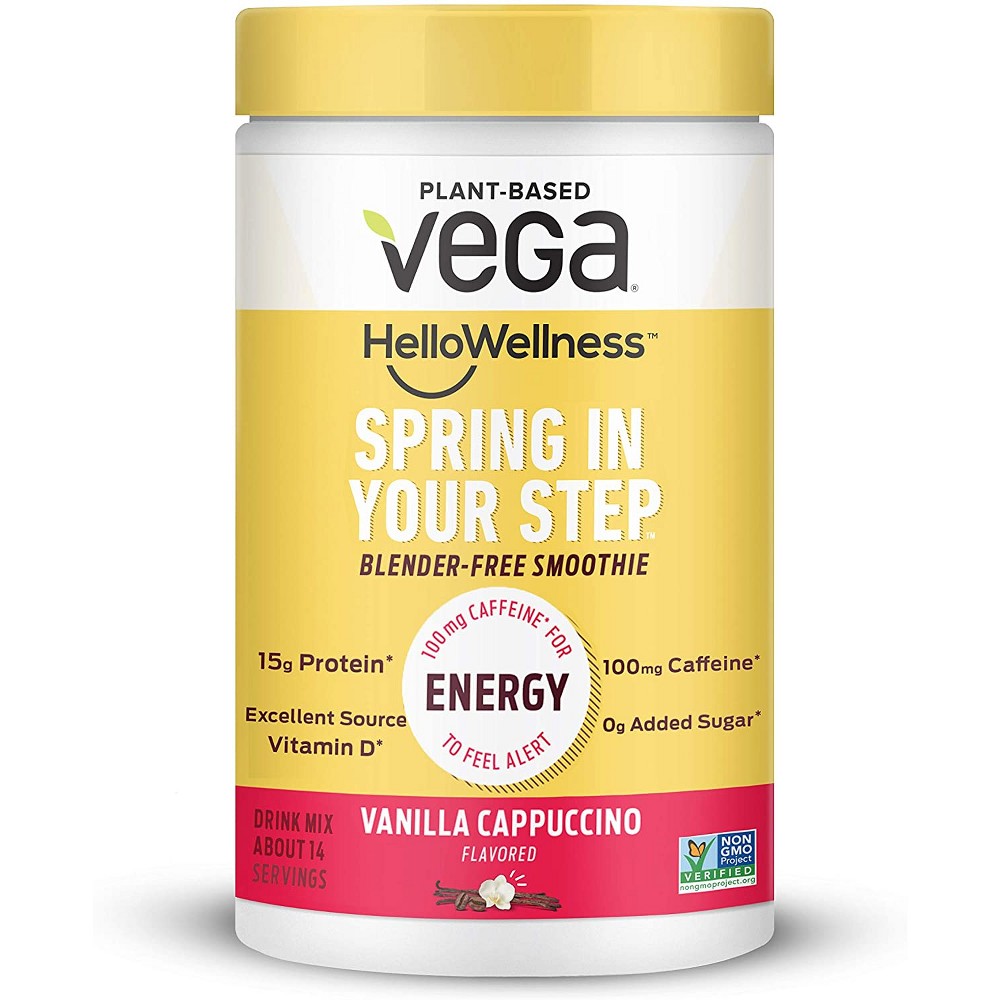 Vega Hello Wellness Spring in Your Step Blender Free Smoothie 14 Servings oz Plant Based Vegan Protein Powder 100mg Caffeine Vitamin D, Energy - Vanilla Cappuccino, 13.8 Ounce (B08KXDFWBT) - 838766010427