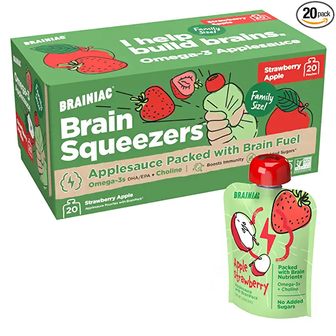 Brainiac Applesauce Pouches with Omega-3s, Apple Strawberry, 20 Count, 3.2 oz. – Unsweetened Applesauce with Immune Boosting Vitamin C, Omega-3s and Choline – Healthy Snacks for Kids for School, On-the-Go - 840024300768