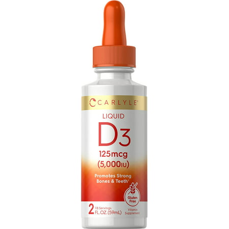 Liquid Vitamin D3 | 5000 IU (125 mcg) | 2 oz | Vegetarian Non-GMO and Gluten Free Supplement | Vitamin D Liquid Drops for Adults | by Carlyle - 840250400256