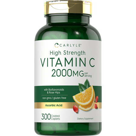 Vitamin C 2000mg | with Rose Hips & Bioflavonoids | 300 Caplets | Non-GMO Gluten Free Supplement | by Carlyle - 840250401734