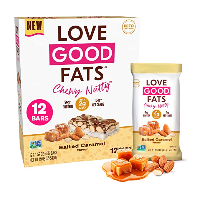  Love Good Fats Keto Protein Snack Bars - Chewy Nutty Salted Caramel with Almonds and White Chocolate - 15g Good Fats, 9g Protein, 5g Net Carbs, 2g Sugar, Gluten-Free, Non GMO, 12 Pack  - 840659050557