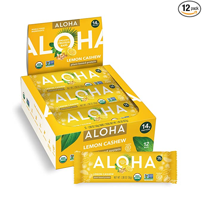 ALOHA Organic Plant Based Protein Bars - Lemon Cashew - 12 Bars, Vegan, Low Sugar, Gluten-Free, Paleo, Low Carb, Non-GMO, No Stevia & No Erythritol - 842096107023