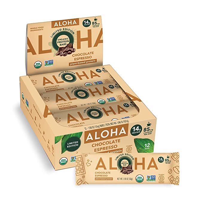 ALOHA Organic Plant Based Protein Bars - Chocolate Espresso (85mg Caffeine) - 12 Bars, Vegan, Low Sugar, Gluten-Free, Paleo, Low Carb, Non-GMO, No Stevia, No Erythritol - 842096108020