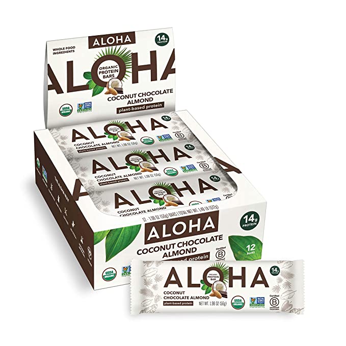  ALOHA Organic Plant Based Protein Bars - Coconut Chocolate Almond - 12 Count, 1.98oz Bars - Vegan, Low Sugar, Gluten Free, Paleo, Low Carb, Non-GMO, Stevia Free, Soy Free, No Sugar Alcohols  - 842096109119